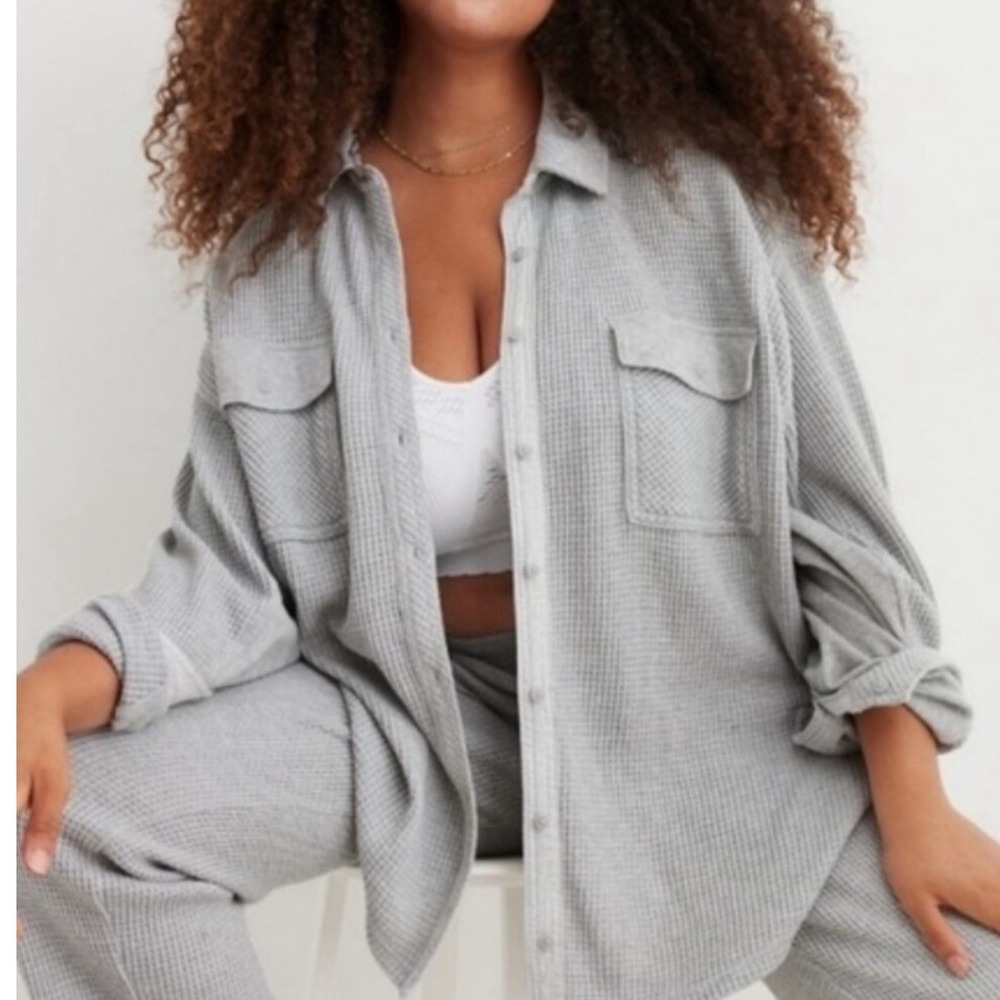 Aerie Women Gray Waffle Knit Button Down Shacket Oversized Thermal Top S P